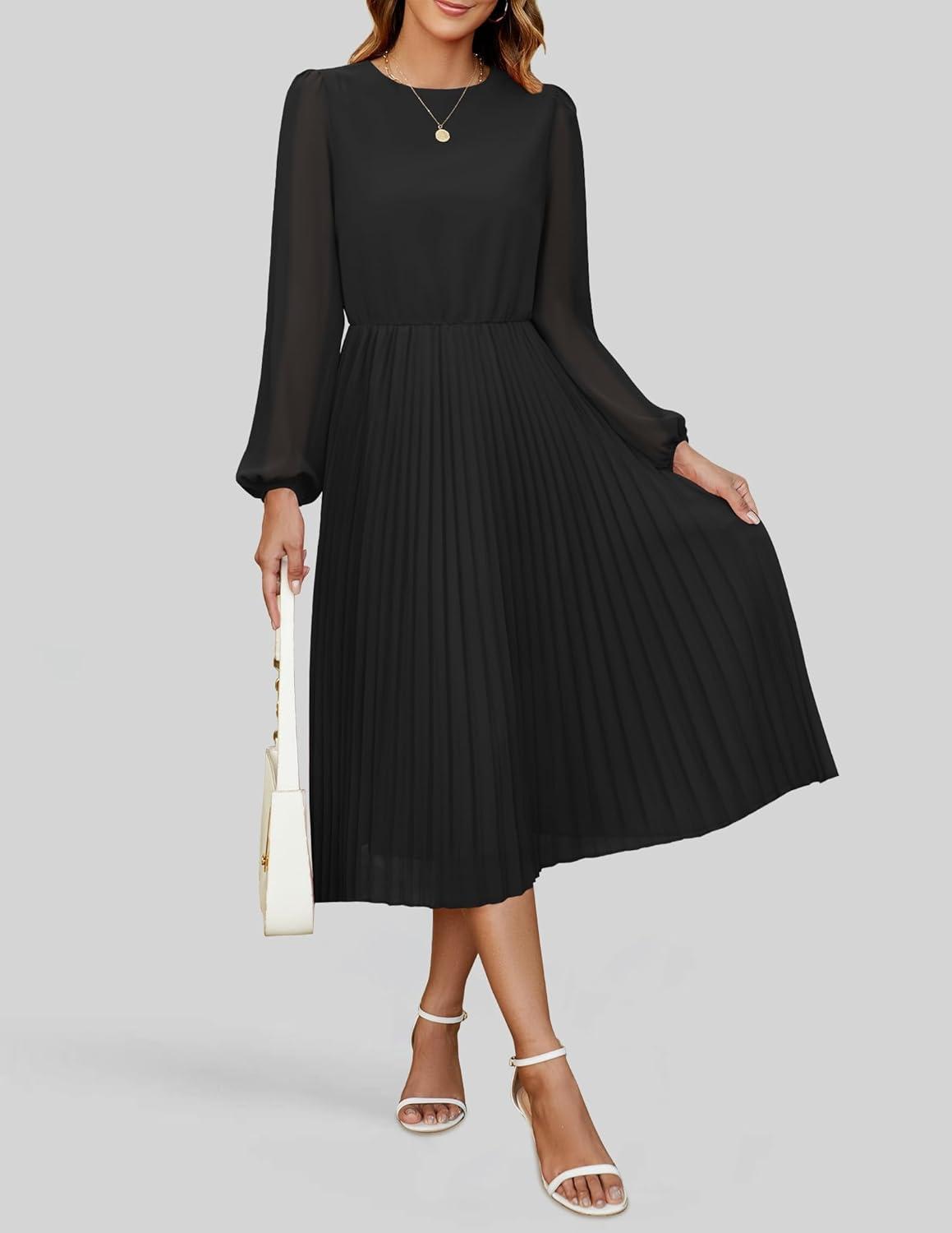 imageZESICA Womens Fall Long Sleeve Dresses 2026 Casual Crewneck Chiffon Swing Pleated A Line Cocktail Party Midi DressBlack