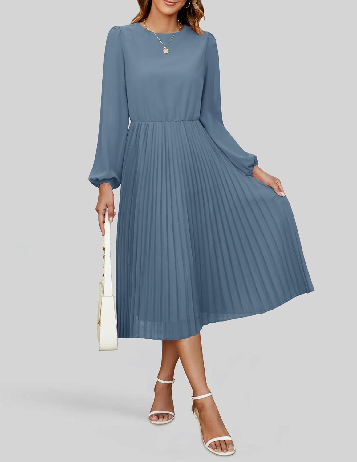 imageZESICA Womens Fall Long Sleeve Dresses 2026 Casual Crewneck Chiffon Swing Pleated A Line Cocktail Party Midi DressDusty Blue