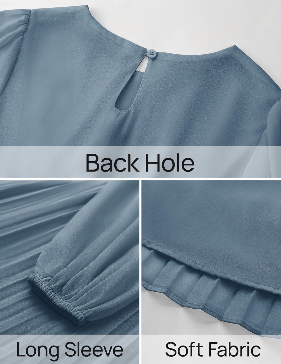 imageZESICA Womens Fall Long Sleeve Dresses 2026 Casual Crewneck Chiffon Swing Pleated A Line Cocktail Party Midi DressDusty Blue