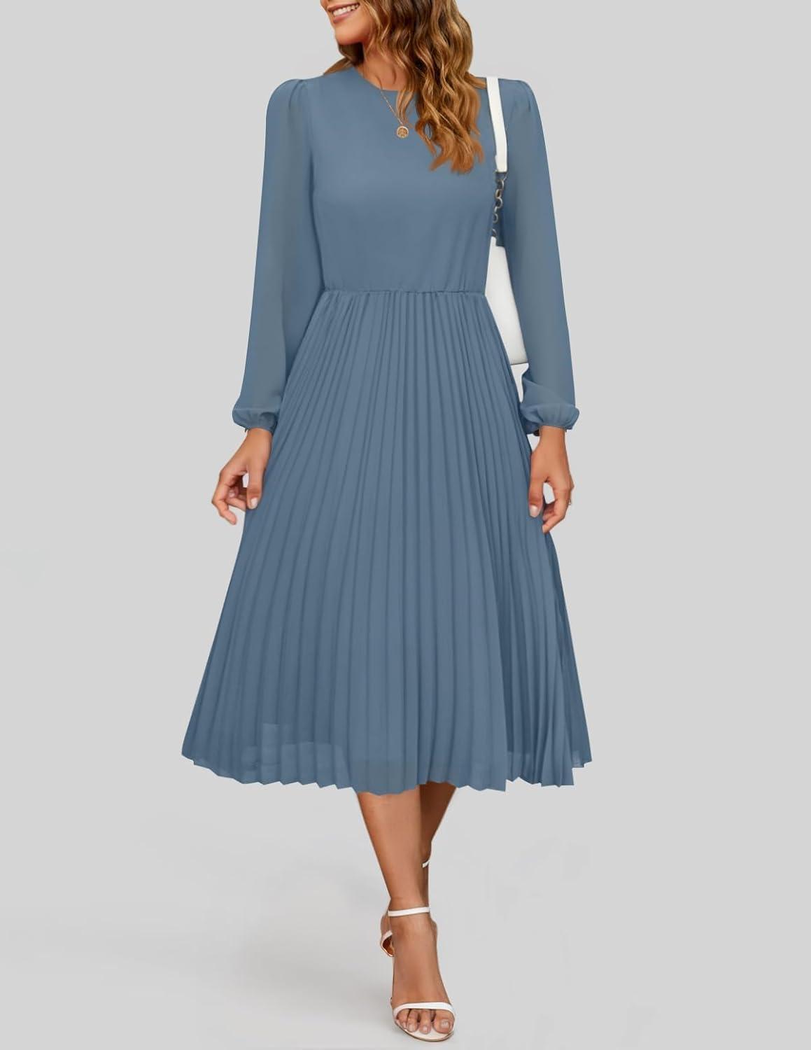 imageZESICA Womens Fall Long Sleeve Dresses 2026 Casual Crewneck Chiffon Swing Pleated A Line Cocktail Party Midi DressDusty Blue