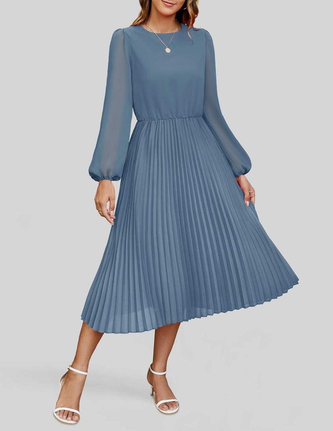 imageZESICA Womens Fall Long Sleeve Dresses 2026 Casual Crewneck Chiffon Swing Pleated A Line Cocktail Party Midi DressDusty Blue