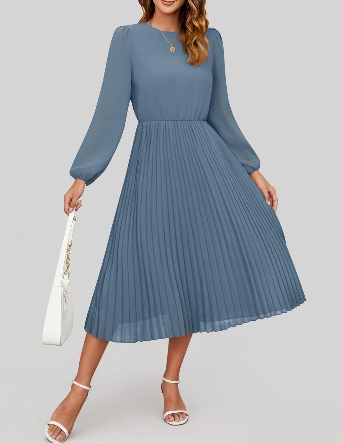 imageZESICA Womens Fall Long Sleeve Dresses 2026 Casual Crewneck Chiffon Swing Pleated A Line Cocktail Party Midi DressDusty Blue