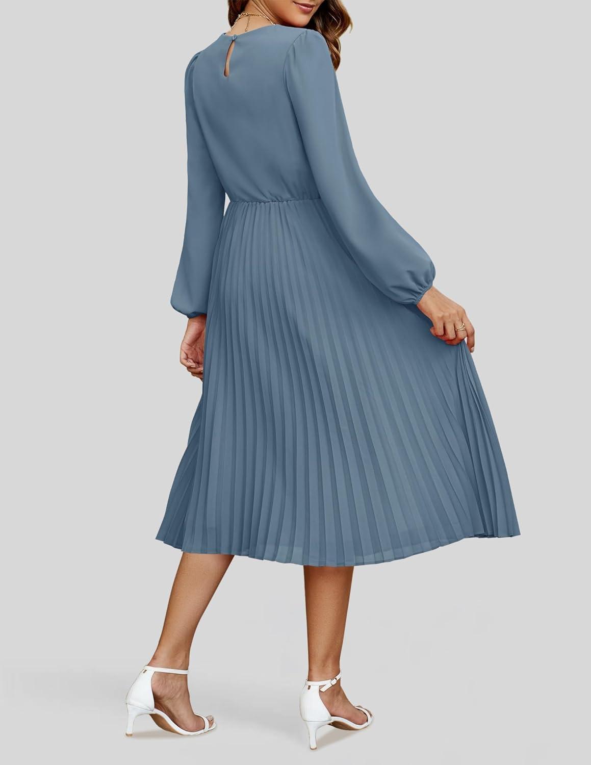 imageZESICA Womens Fall Long Sleeve Dresses 2026 Casual Crewneck Chiffon Swing Pleated A Line Cocktail Party Midi DressDusty Blue
