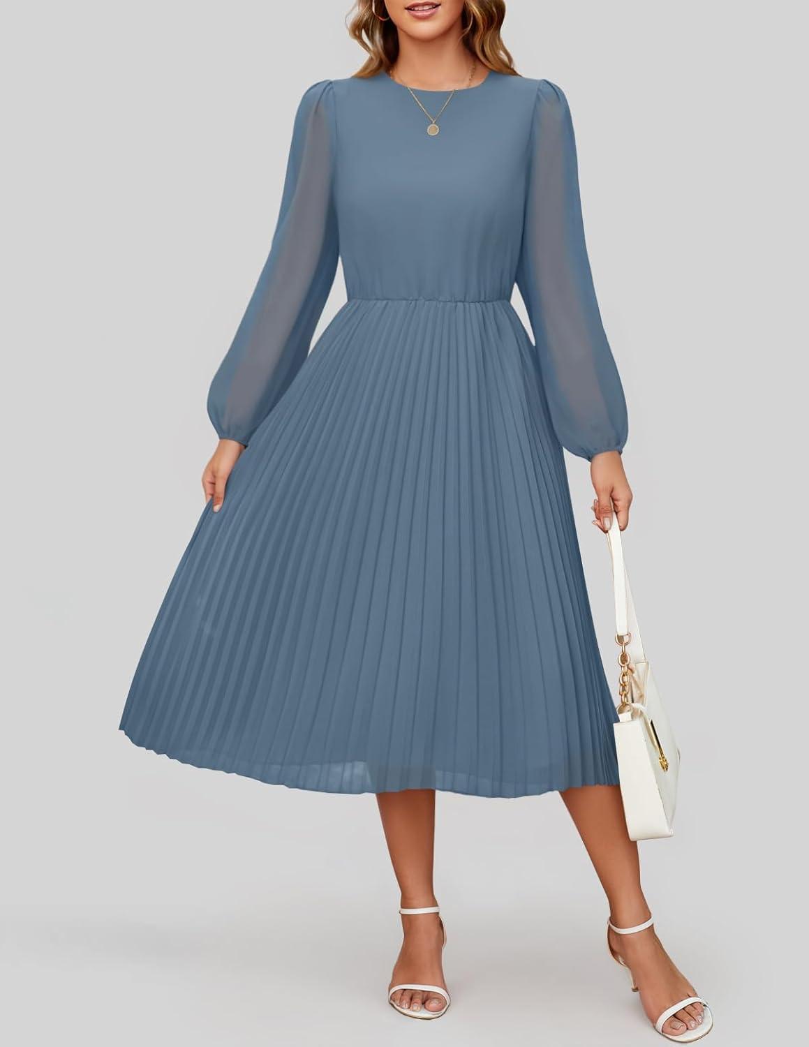imageZESICA Womens Fall Long Sleeve Dresses 2026 Casual Crewneck Chiffon Swing Pleated A Line Cocktail Party Midi DressDusty Blue