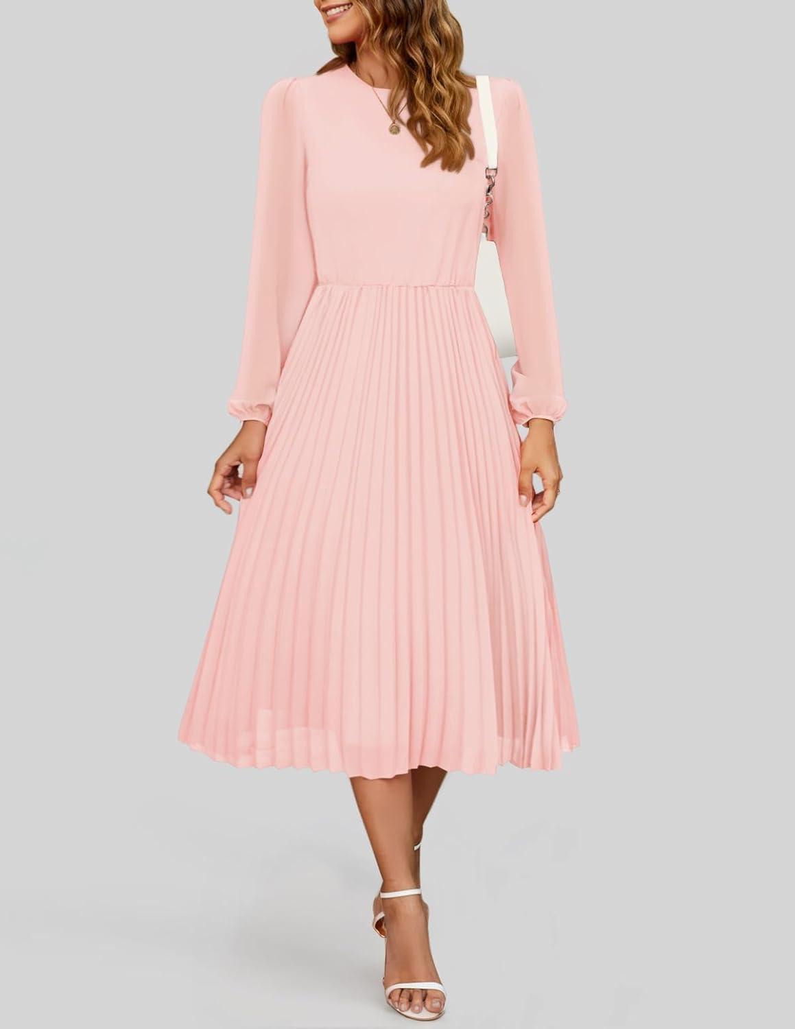 imageZESICA Womens Fall Long Sleeve Dresses 2026 Casual Crewneck Chiffon Swing Pleated A Line Cocktail Party Midi DressLight Pink