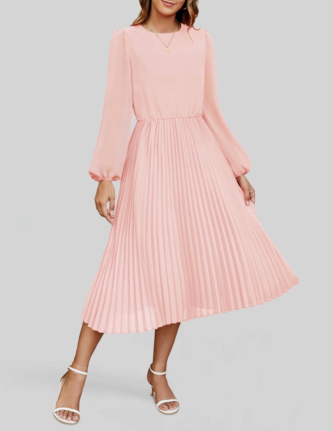 imageZESICA Womens Fall Long Sleeve Dresses 2026 Casual Crewneck Chiffon Swing Pleated A Line Cocktail Party Midi DressLight Pink