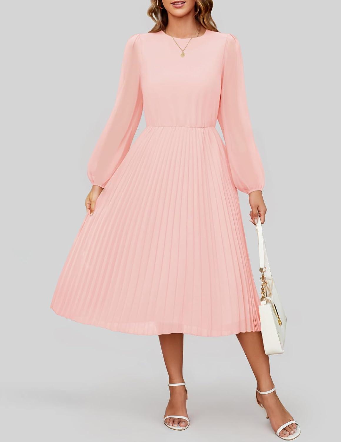 imageZESICA Womens Fall Long Sleeve Dresses 2026 Casual Crewneck Chiffon Swing Pleated A Line Cocktail Party Midi DressLight Pink