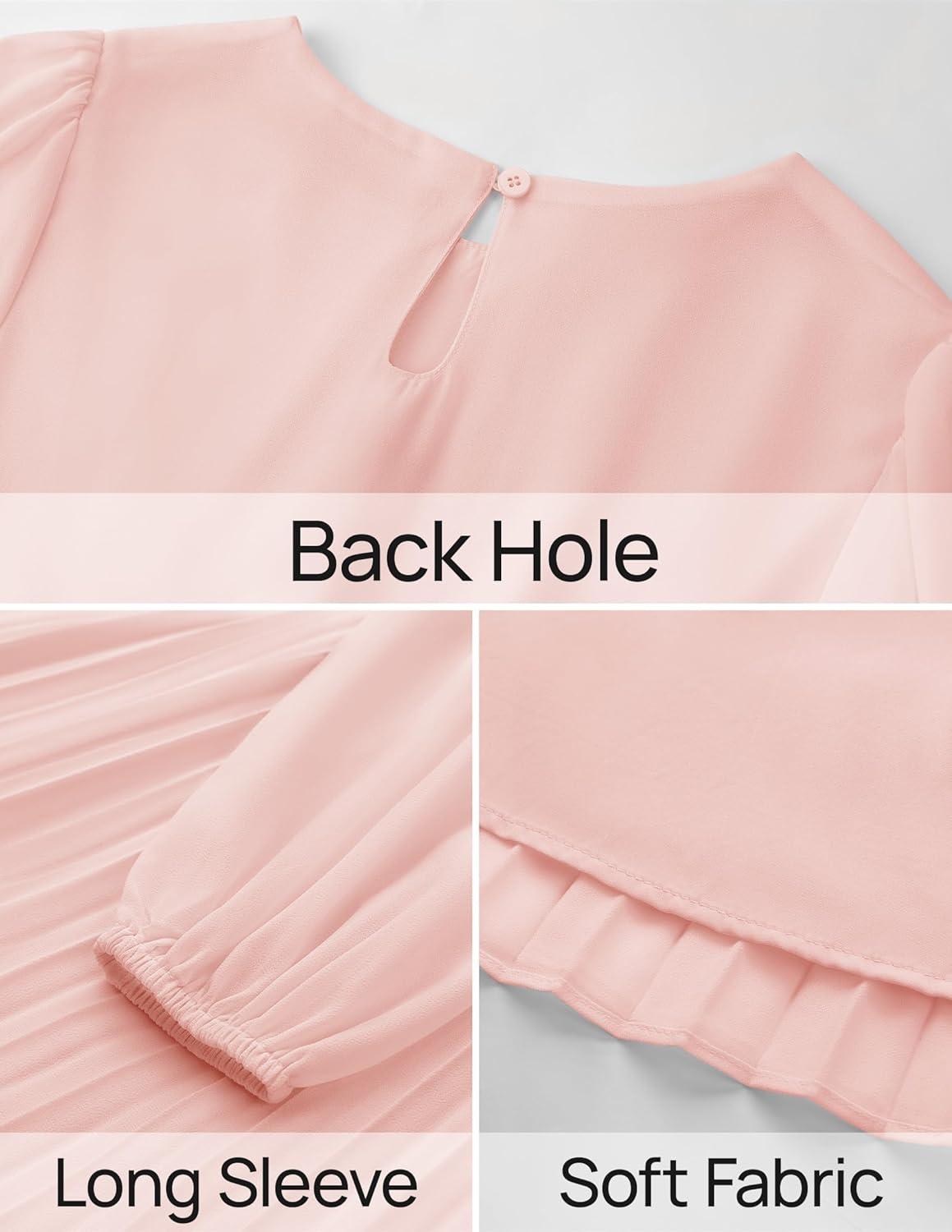 imageZESICA Womens Fall Long Sleeve Dresses 2026 Casual Crewneck Chiffon Swing Pleated A Line Cocktail Party Midi DressLight Pink