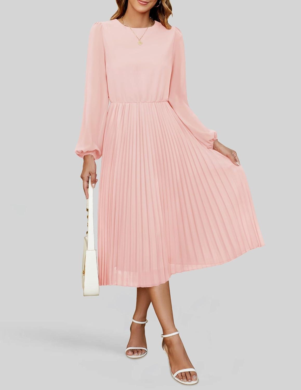 imageZESICA Womens Fall Long Sleeve Dresses 2026 Casual Crewneck Chiffon Swing Pleated A Line Cocktail Party Midi DressLight Pink