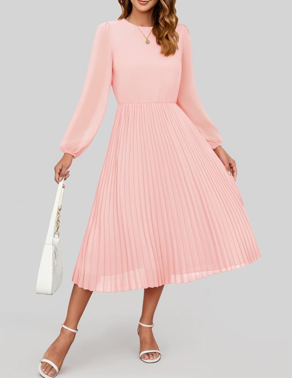 imageZESICA Womens Fall Long Sleeve Dresses 2026 Casual Crewneck Chiffon Swing Pleated A Line Cocktail Party Midi DressLight Pink