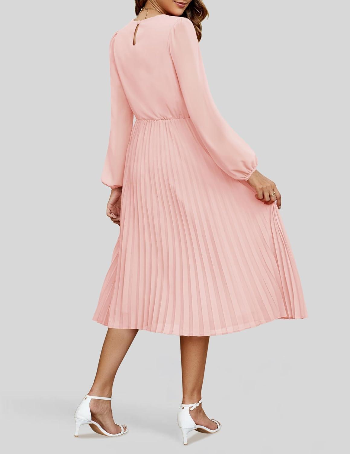imageZESICA Womens Fall Long Sleeve Dresses 2026 Casual Crewneck Chiffon Swing Pleated A Line Cocktail Party Midi DressLight Pink