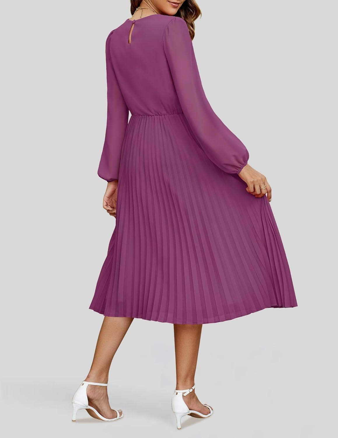 imageZESICA Womens Fall Long Sleeve Dresses 2026 Casual Crewneck Chiffon Swing Pleated A Line Cocktail Party Midi DressPlum