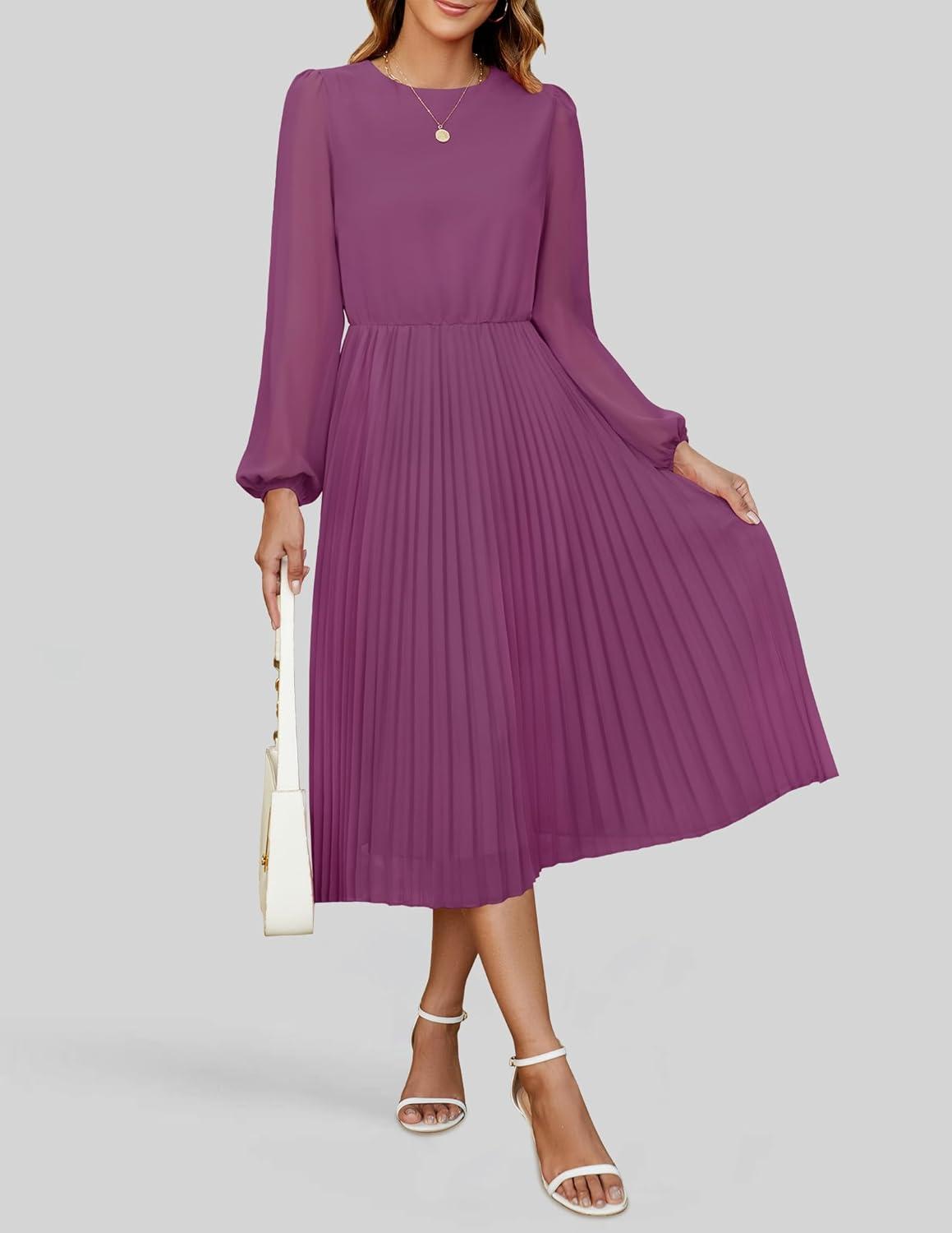 imageZESICA Womens Fall Long Sleeve Dresses 2026 Casual Crewneck Chiffon Swing Pleated A Line Cocktail Party Midi DressPlum