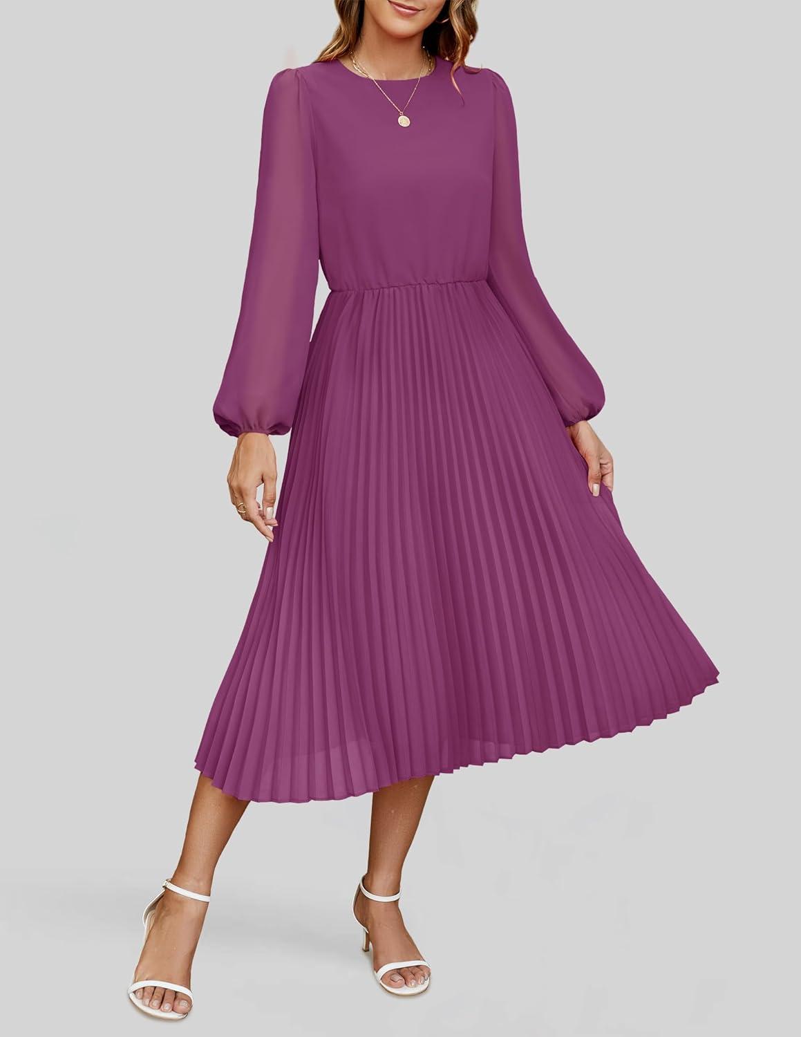 imageZESICA Womens Fall Long Sleeve Dresses 2026 Casual Crewneck Chiffon Swing Pleated A Line Cocktail Party Midi DressPlum