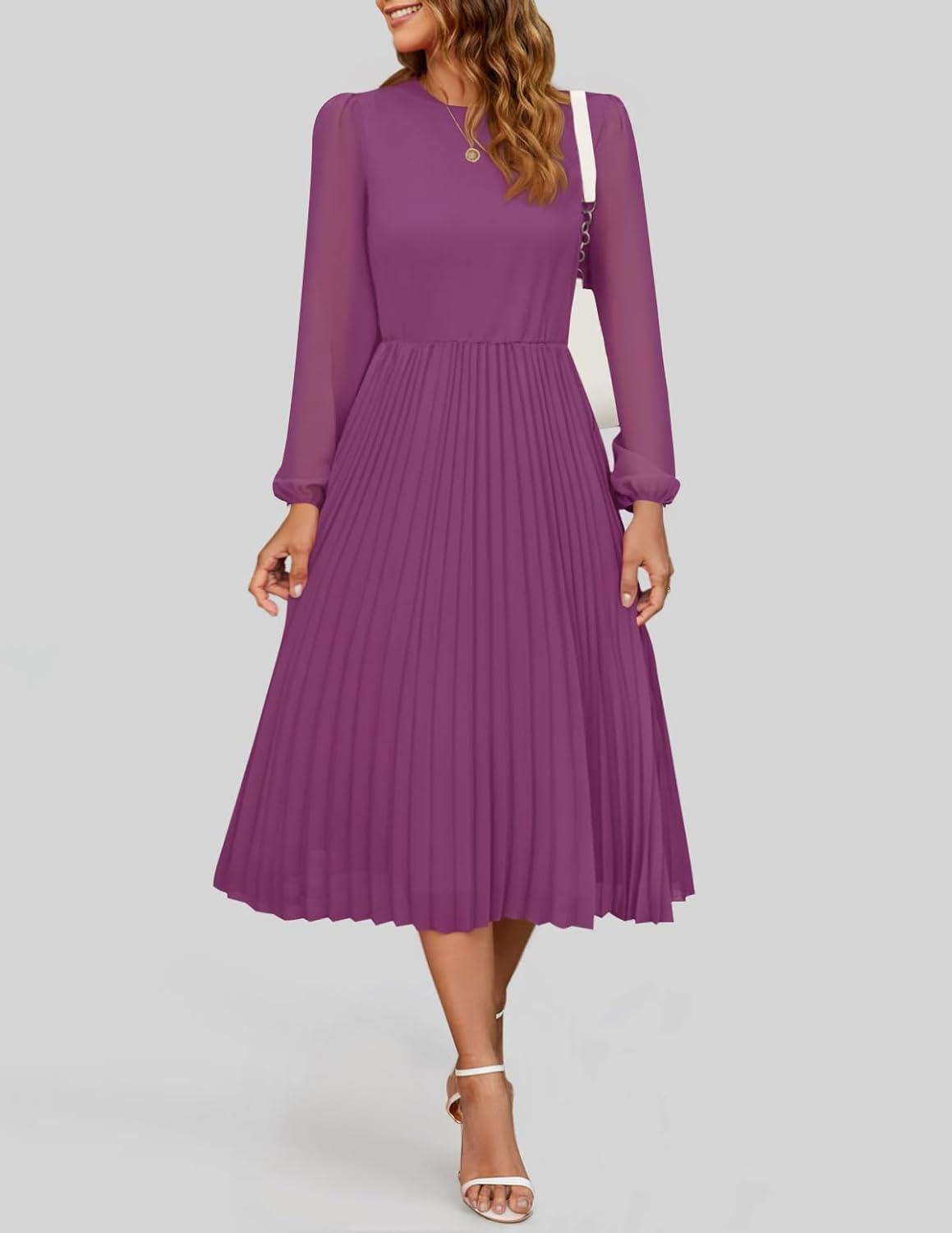 imageZESICA Womens Fall Long Sleeve Dresses 2026 Casual Crewneck Chiffon Swing Pleated A Line Cocktail Party Midi DressPlum