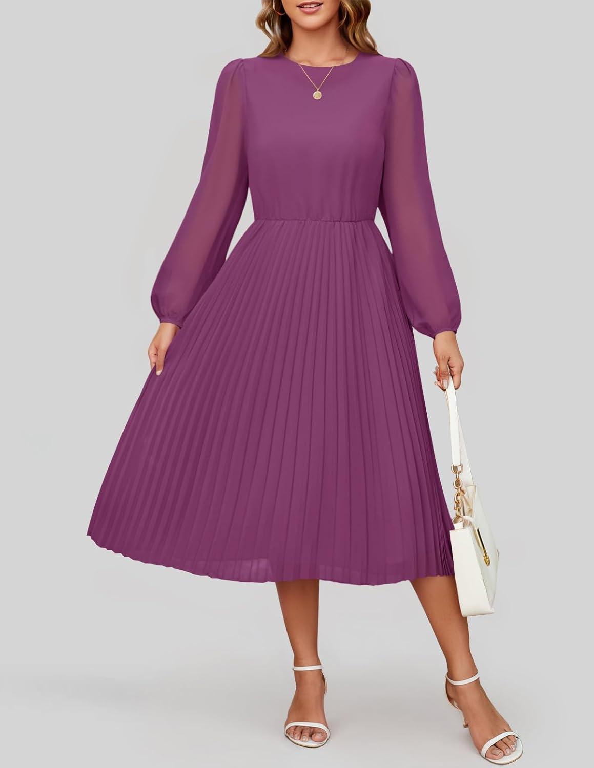 imageZESICA Womens Fall Long Sleeve Dresses 2026 Casual Crewneck Chiffon Swing Pleated A Line Cocktail Party Midi DressPlum