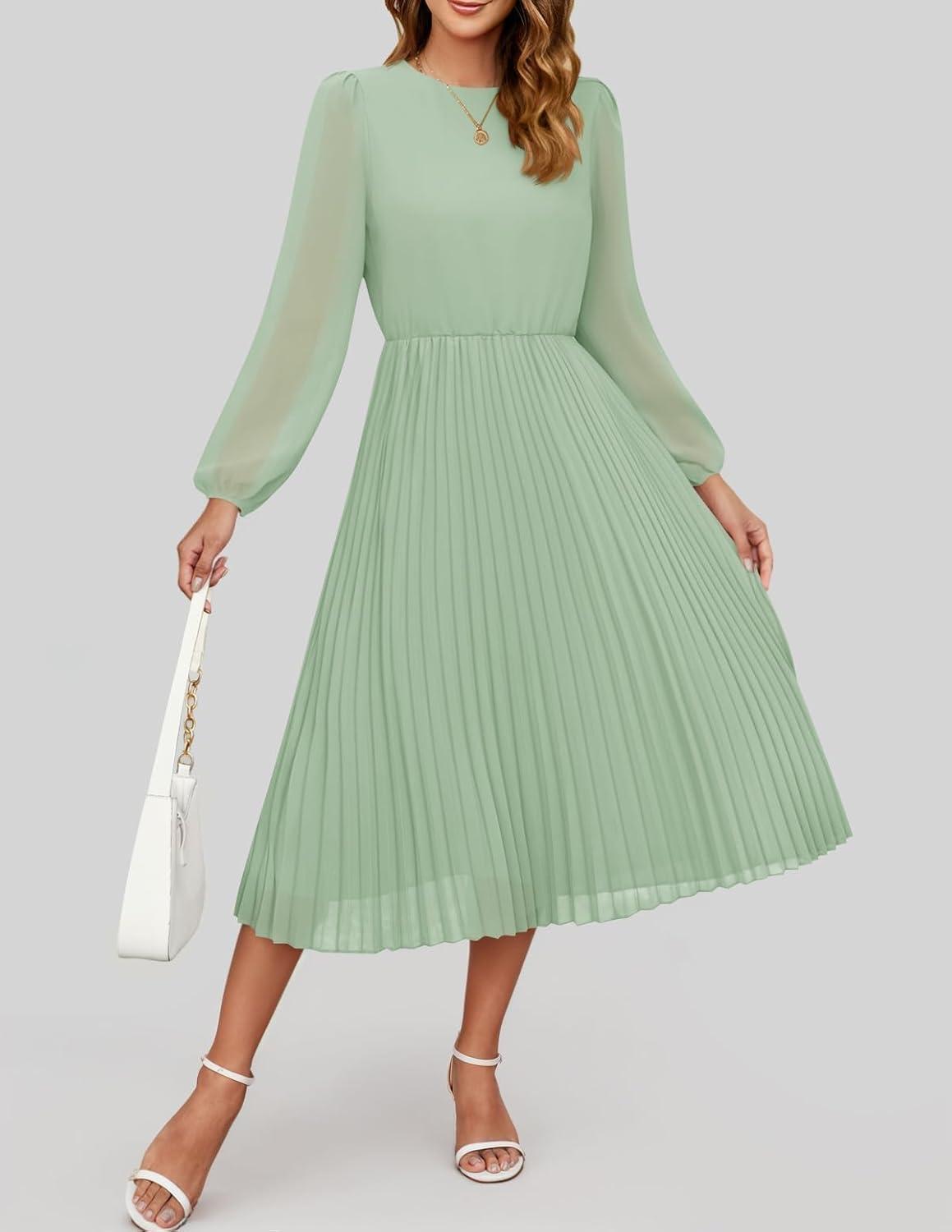 imageZESICA Womens Fall Long Sleeve Dresses 2026 Casual Crewneck Chiffon Swing Pleated A Line Cocktail Party Midi DressSage Green