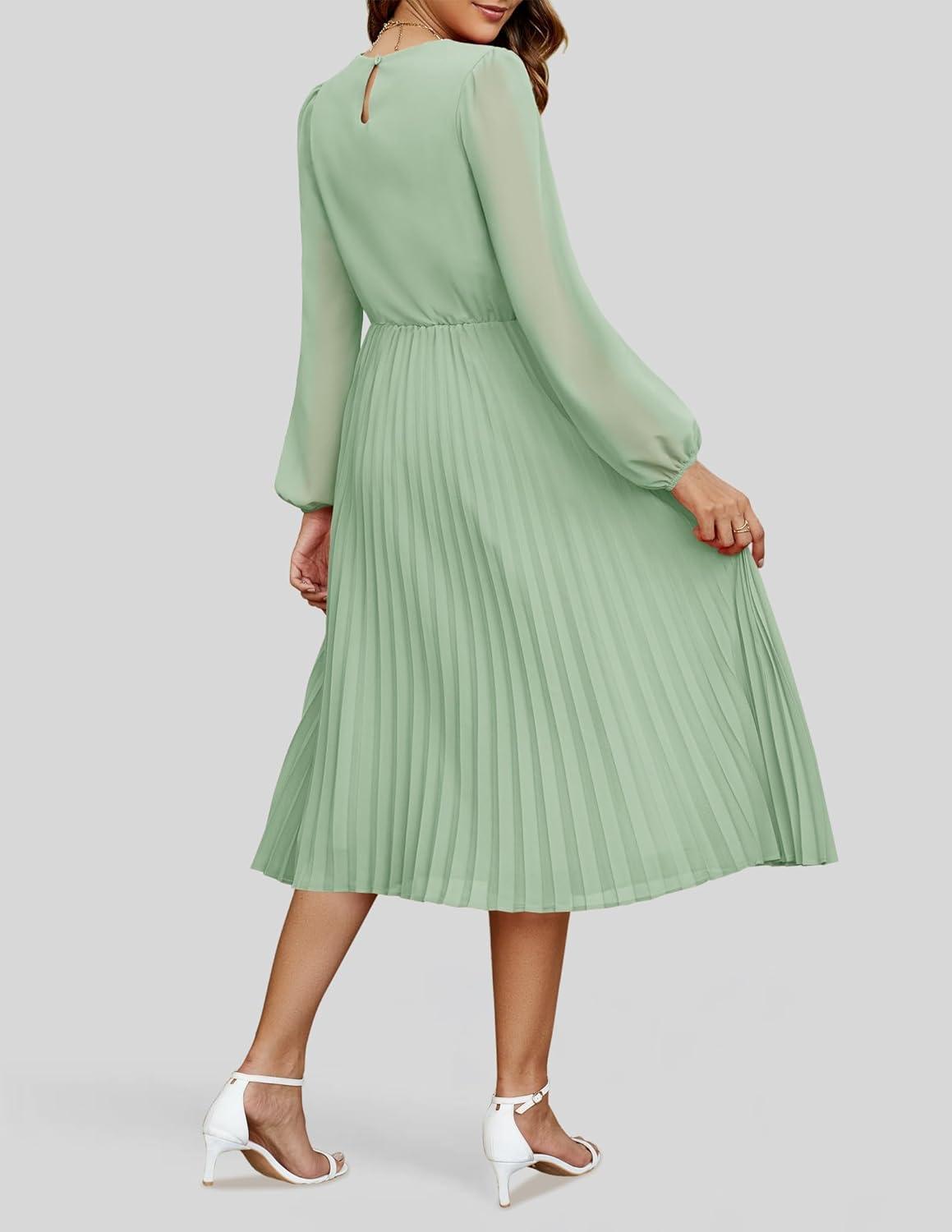 imageZESICA Womens Fall Long Sleeve Dresses 2026 Casual Crewneck Chiffon Swing Pleated A Line Cocktail Party Midi DressSage Green