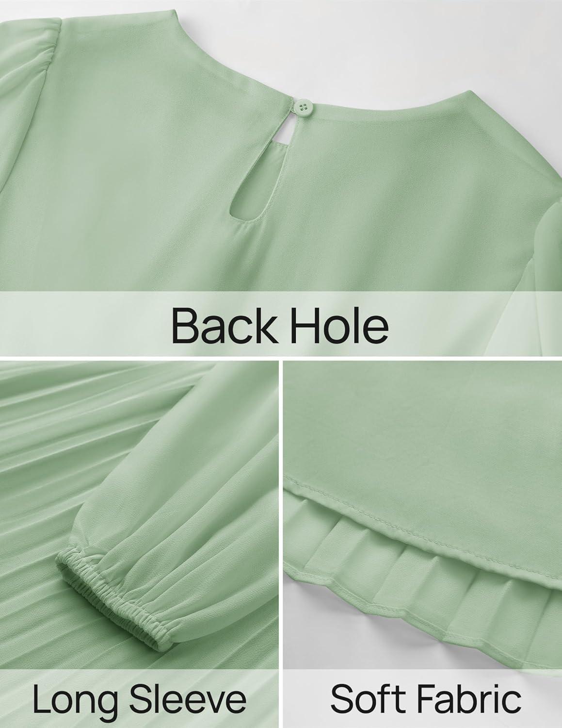 imageZESICA Womens Fall Long Sleeve Dresses 2026 Casual Crewneck Chiffon Swing Pleated A Line Cocktail Party Midi DressSage Green