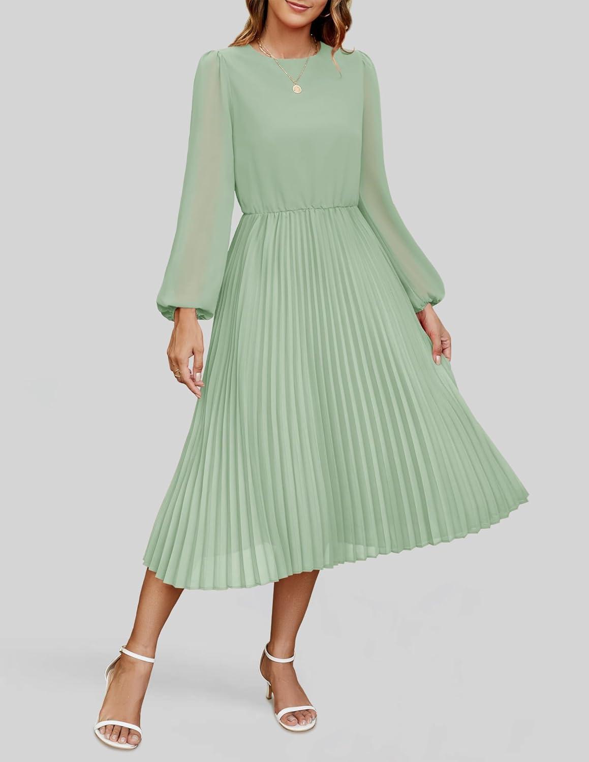 imageZESICA Womens Fall Long Sleeve Dresses 2026 Casual Crewneck Chiffon Swing Pleated A Line Cocktail Party Midi DressSage Green