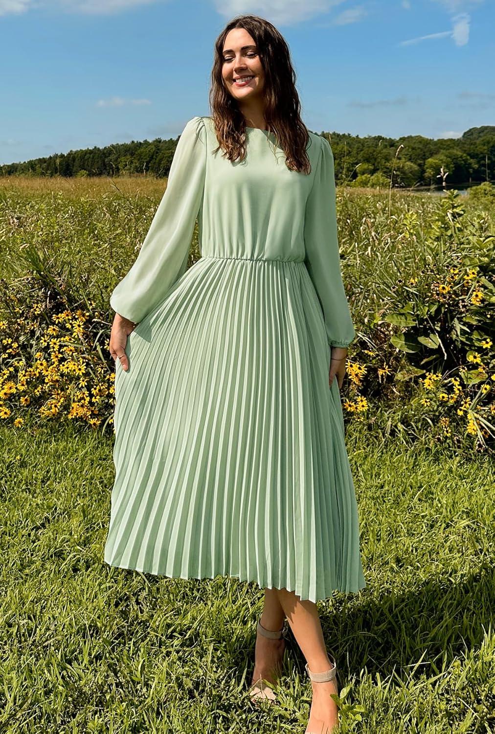 imageZESICA Womens Fall Long Sleeve Dresses 2026 Casual Crewneck Chiffon Swing Pleated A Line Cocktail Party Midi DressSage Green
