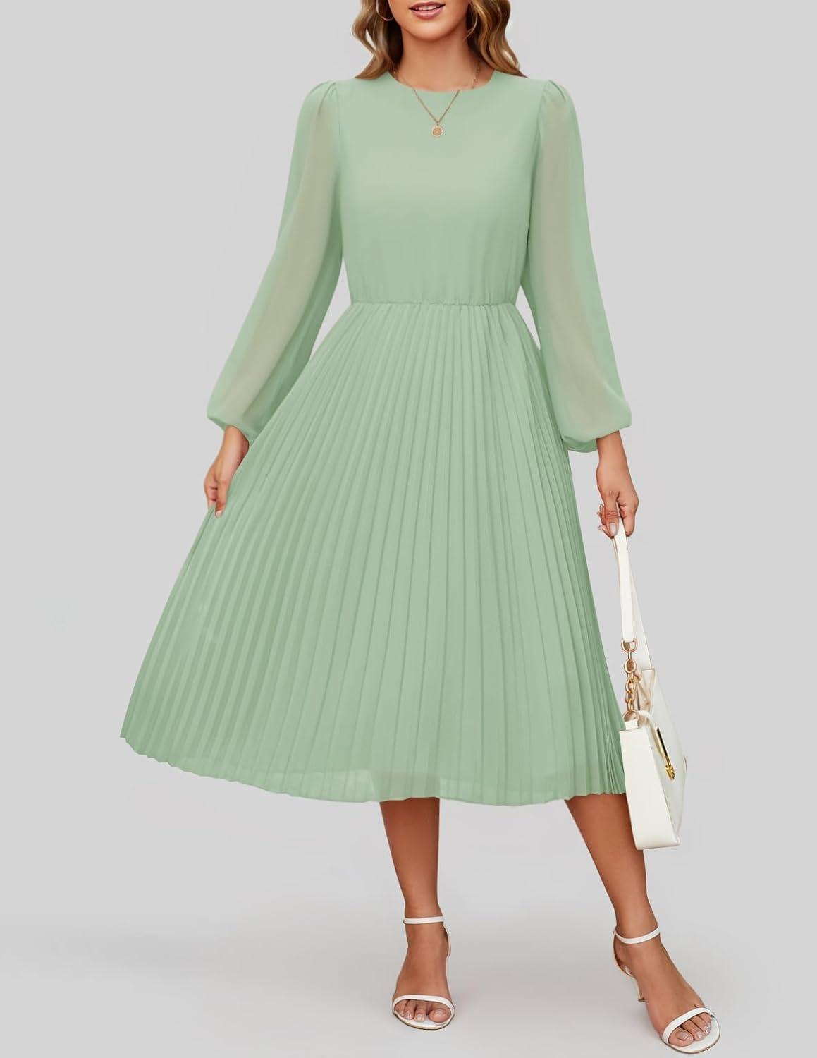 imageZESICA Womens Fall Long Sleeve Dresses 2026 Casual Crewneck Chiffon Swing Pleated A Line Cocktail Party Midi DressSage Green