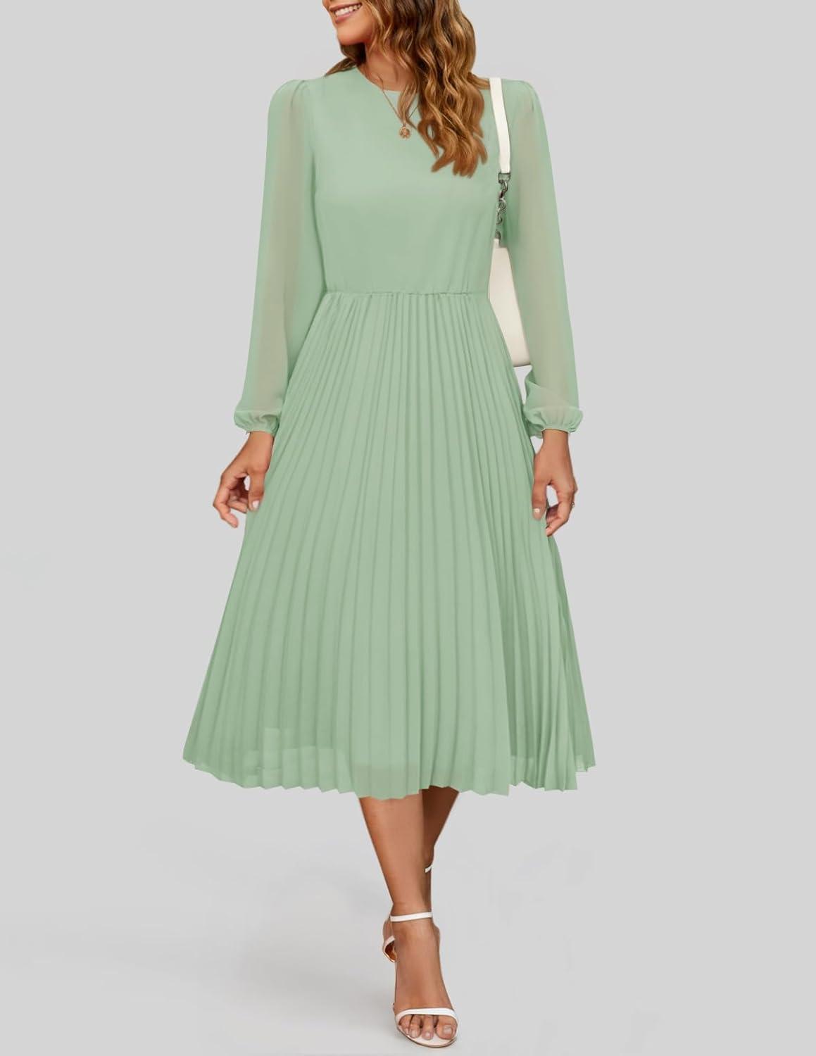 imageZESICA Womens Fall Long Sleeve Dresses 2026 Casual Crewneck Chiffon Swing Pleated A Line Cocktail Party Midi DressSage Green