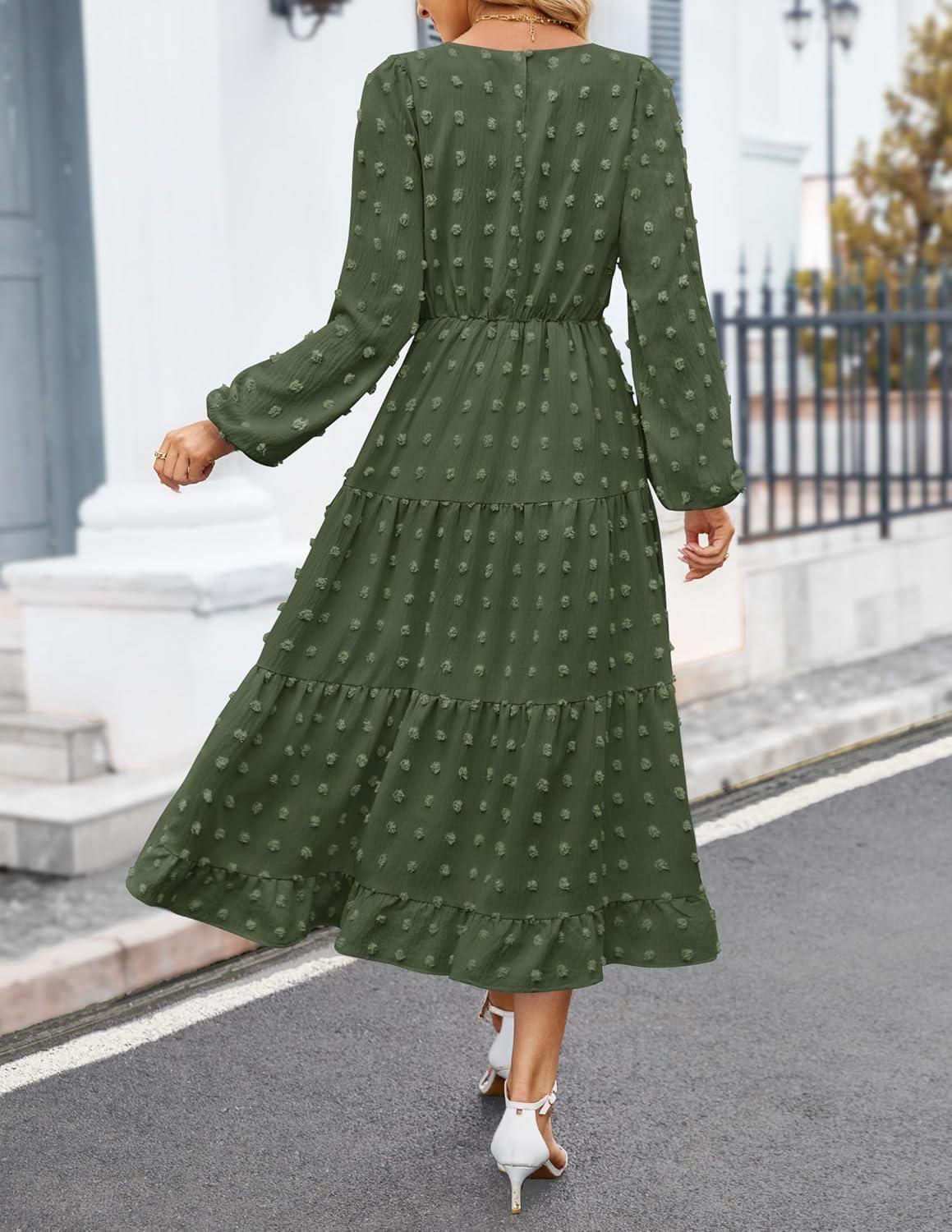 imageZESICA Womens Fall Long Sleeve Maxi Dresses 2026 Crew Neck Swiss Dot Tiered Flowy A Line Wedding Cocktail Party DressArmy Green