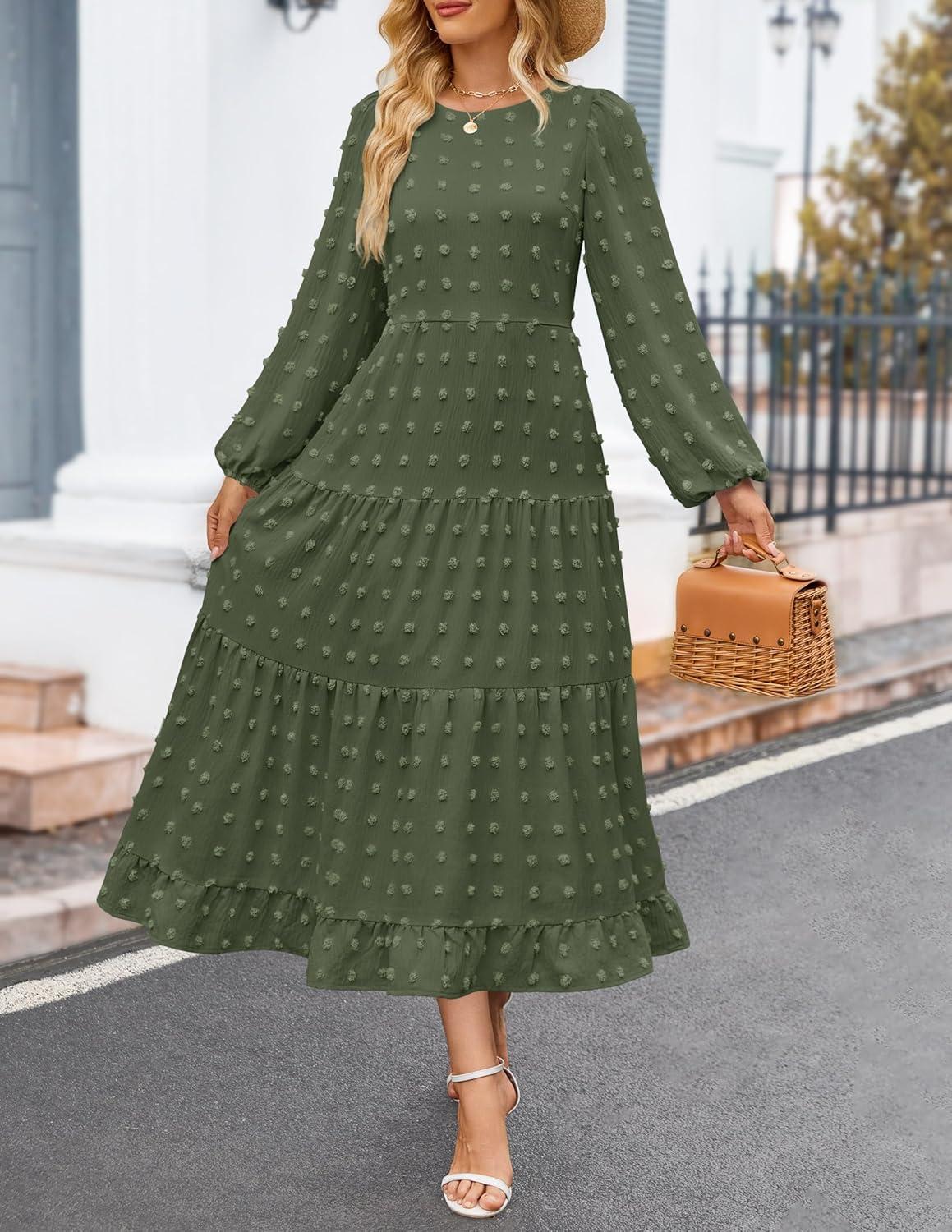imageZESICA Womens Fall Long Sleeve Maxi Dresses 2026 Crew Neck Swiss Dot Tiered Flowy A Line Wedding Cocktail Party DressArmy Green