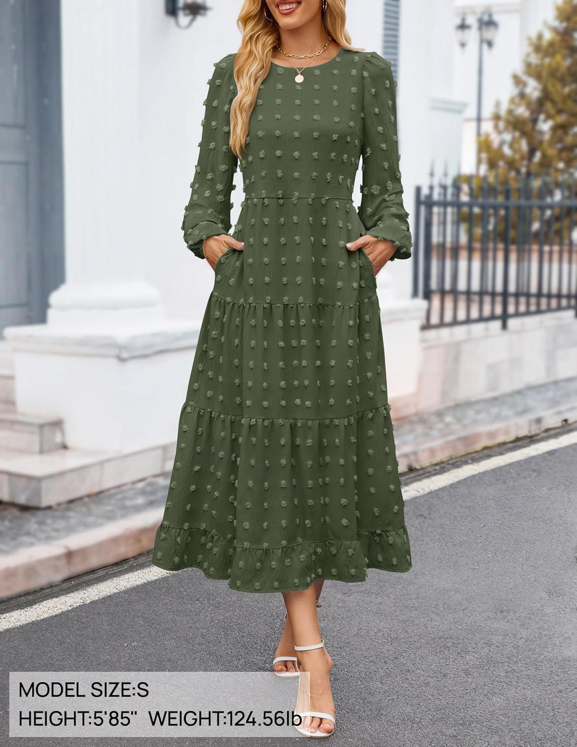 imageZESICA Womens Fall Long Sleeve Maxi Dresses 2026 Crew Neck Swiss Dot Tiered Flowy A Line Wedding Cocktail Party DressArmy Green