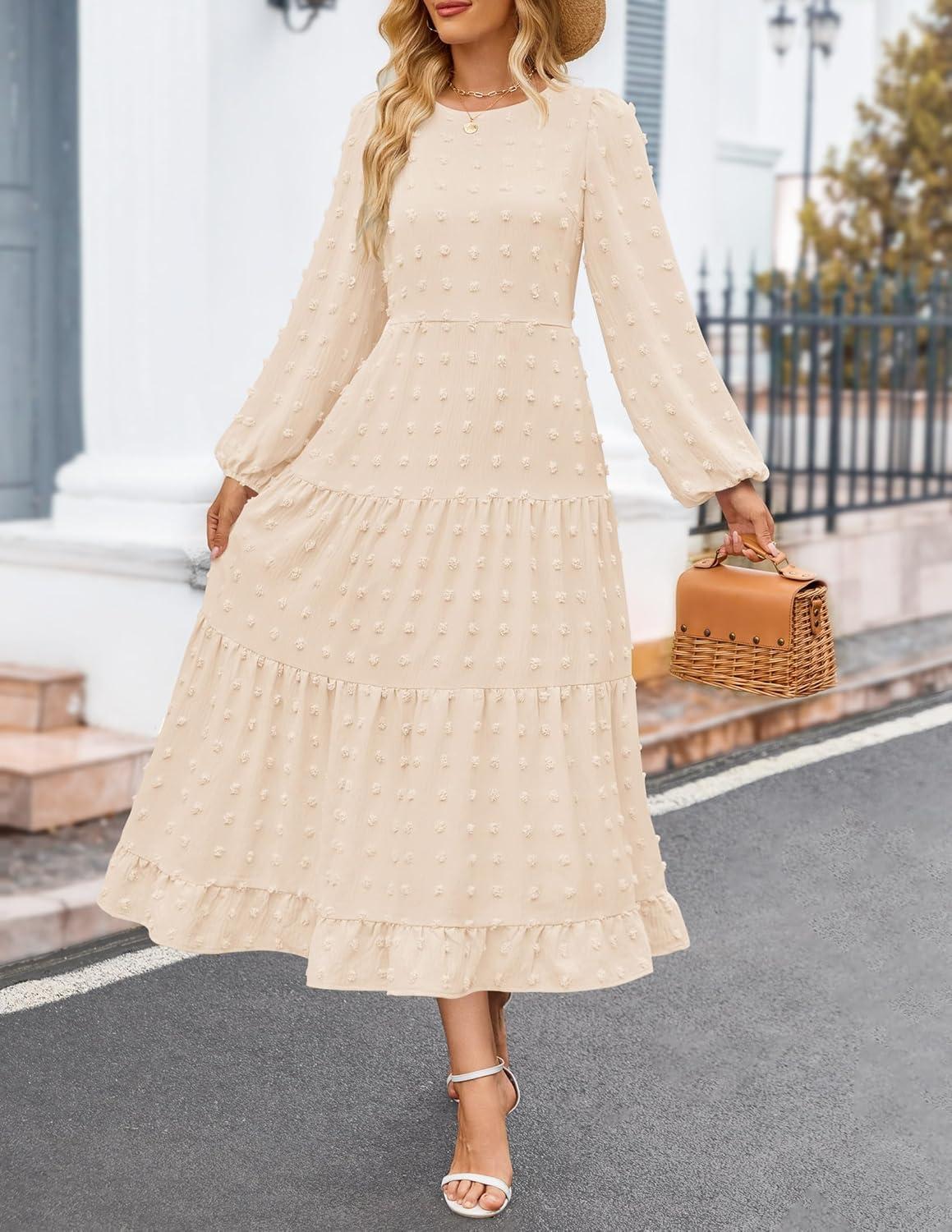imageZESICA Womens Fall Long Sleeve Maxi Dresses 2026 Crew Neck Swiss Dot Tiered Flowy A Line Wedding Cocktail Party DressBeige