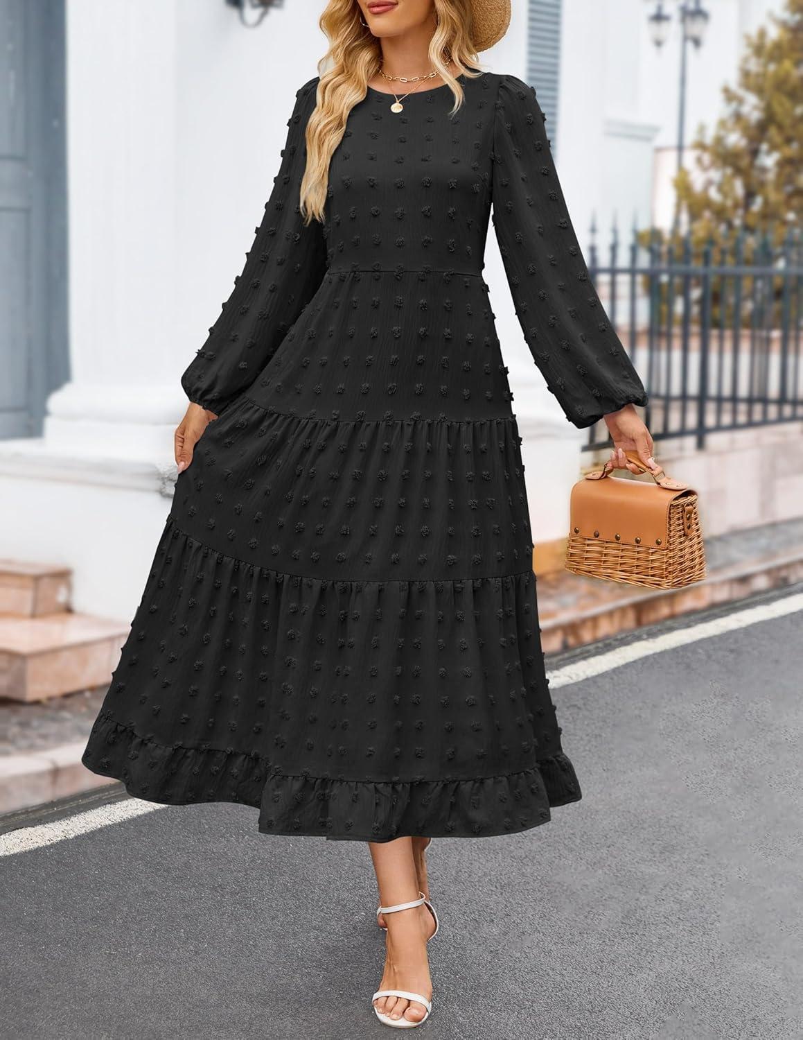 imageZESICA Womens Fall Long Sleeve Maxi Dresses 2026 Crew Neck Swiss Dot Tiered Flowy A Line Wedding Cocktail Party DressBlack