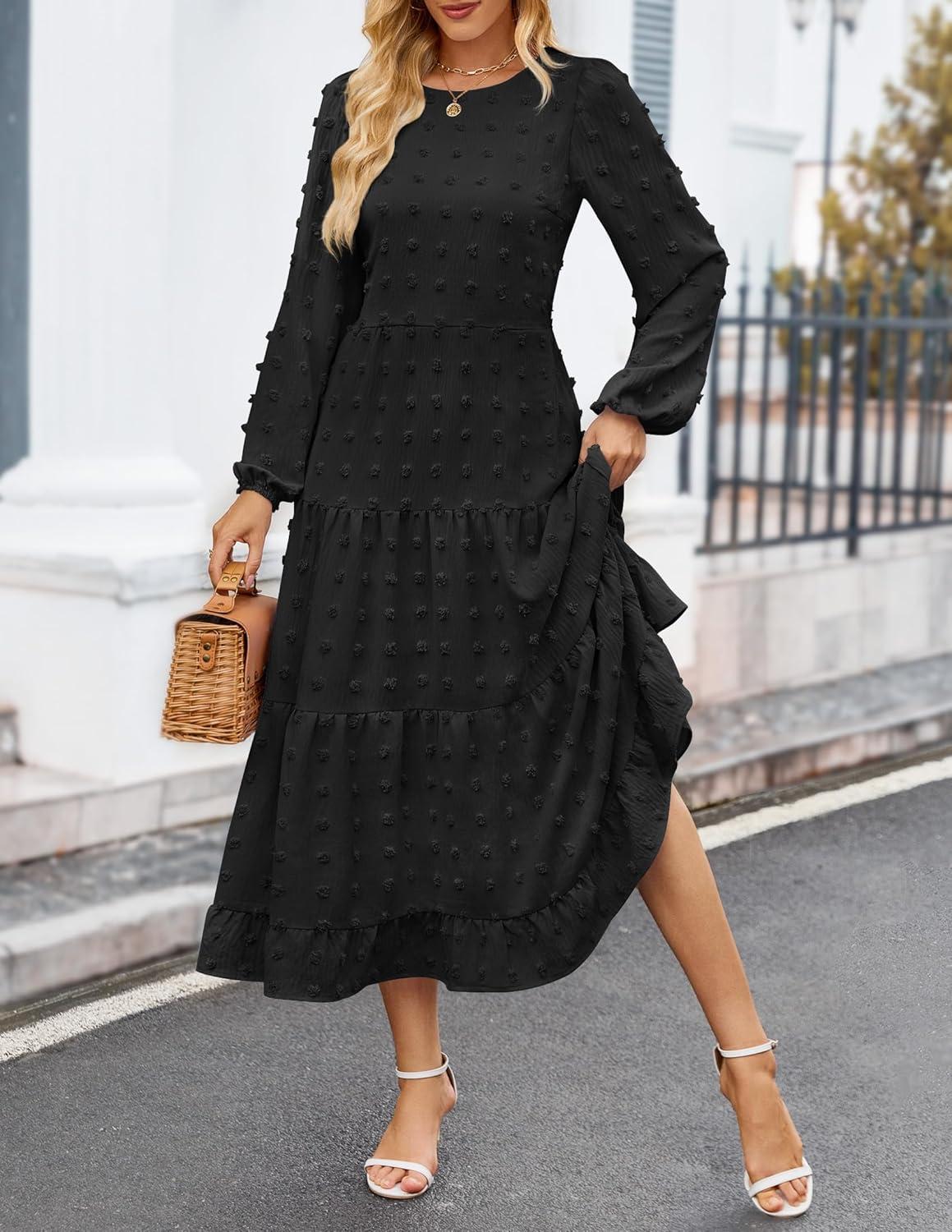 imageZESICA Womens Fall Long Sleeve Maxi Dresses 2026 Crew Neck Swiss Dot Tiered Flowy A Line Wedding Cocktail Party DressBlack