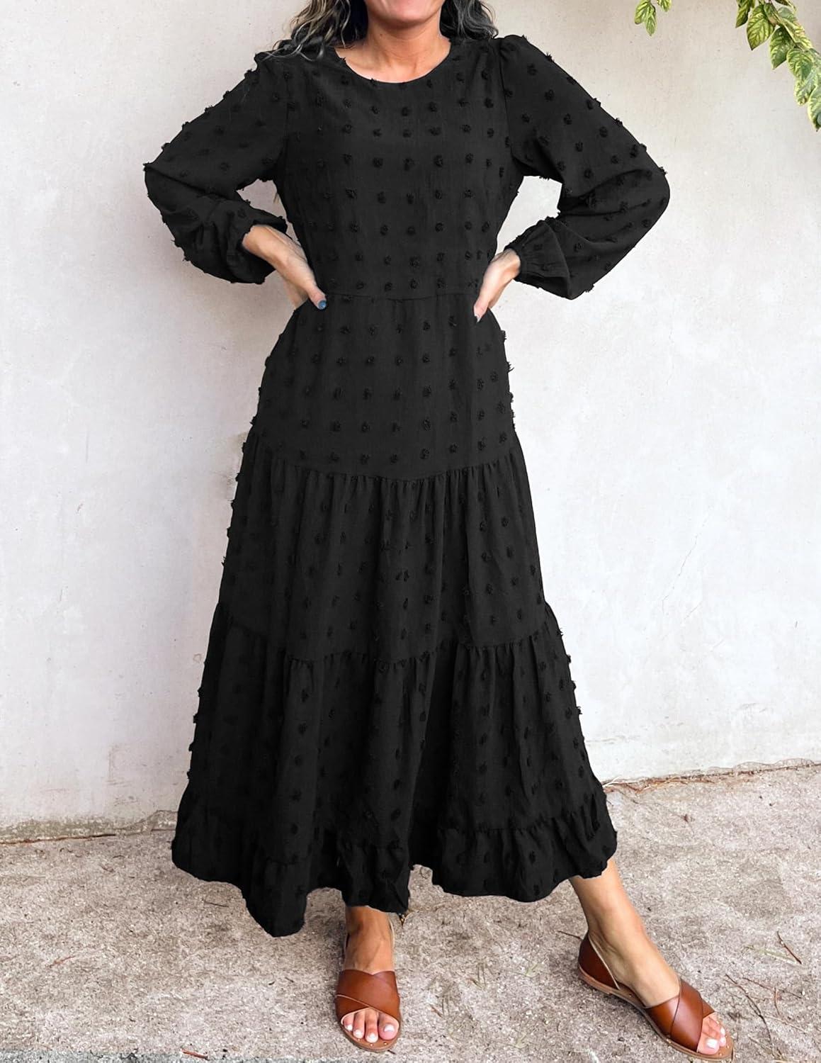 imageZESICA Womens Fall Long Sleeve Maxi Dresses 2026 Crew Neck Swiss Dot Tiered Flowy A Line Wedding Cocktail Party DressBlack