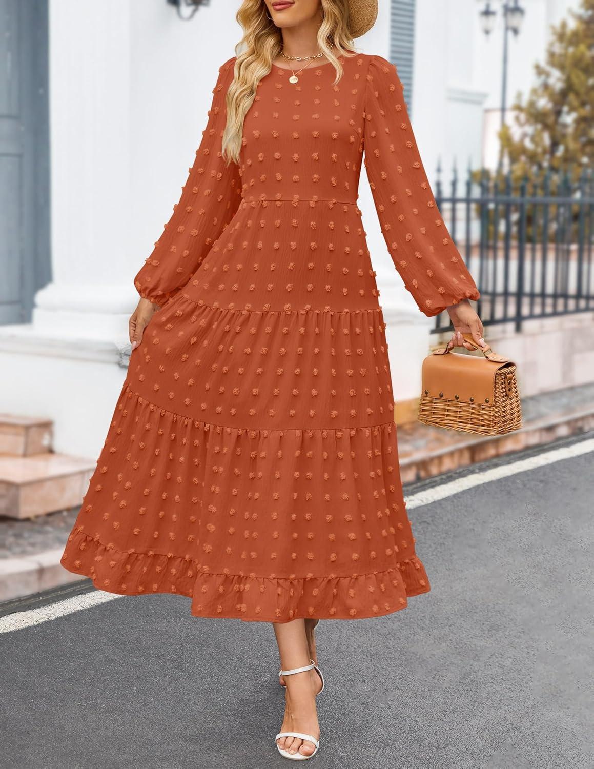 imageZESICA Womens Fall Long Sleeve Maxi Dresses 2026 Crew Neck Swiss Dot Tiered Flowy A Line Wedding Cocktail Party DressBrick Red