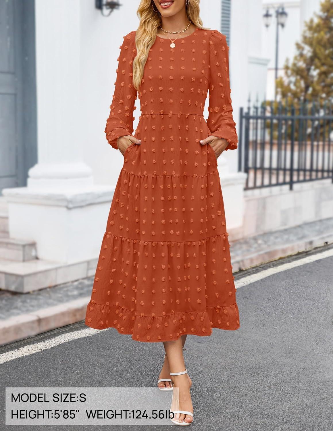 imageZESICA Womens Fall Long Sleeve Maxi Dresses 2026 Crew Neck Swiss Dot Tiered Flowy A Line Wedding Cocktail Party DressBrick Red