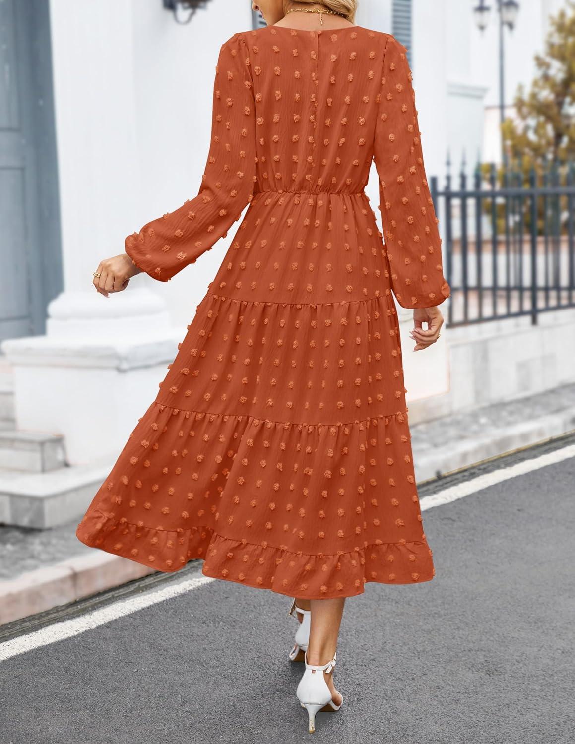 imageZESICA Womens Fall Long Sleeve Maxi Dresses 2026 Crew Neck Swiss Dot Tiered Flowy A Line Wedding Cocktail Party DressBrick Red