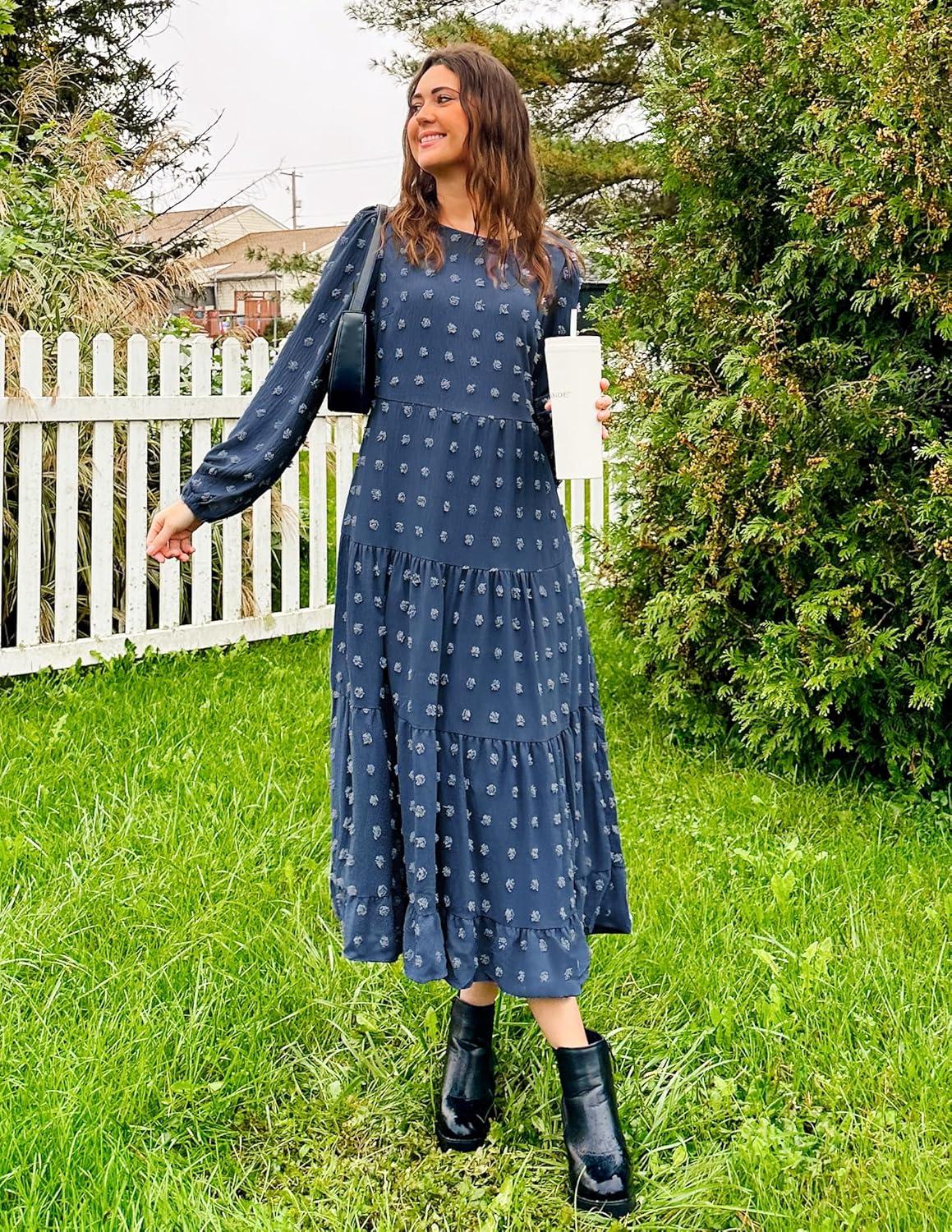imageZESICA Womens Fall Long Sleeve Maxi Dresses 2026 Crew Neck Swiss Dot Tiered Flowy A Line Wedding Cocktail Party DressDusty Blue