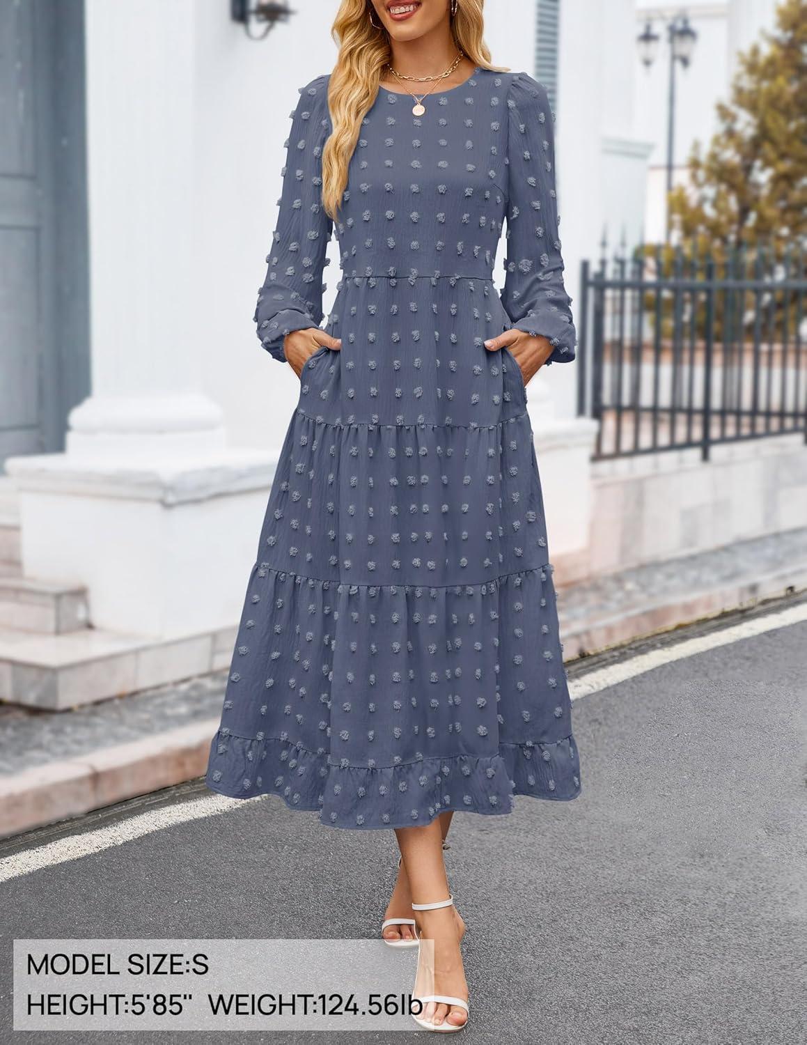imageZESICA Womens Fall Long Sleeve Maxi Dresses 2026 Crew Neck Swiss Dot Tiered Flowy A Line Wedding Cocktail Party DressDusty Blue