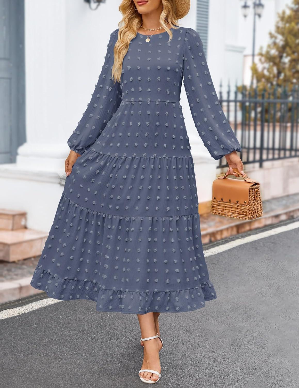 imageZESICA Womens Fall Long Sleeve Maxi Dresses 2026 Crew Neck Swiss Dot Tiered Flowy A Line Wedding Cocktail Party DressDusty Blue
