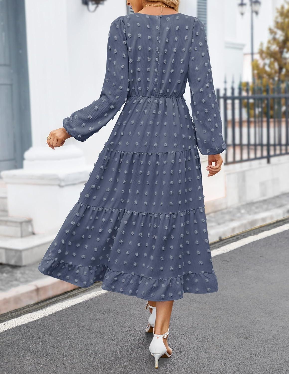 imageZESICA Womens Fall Long Sleeve Maxi Dresses 2026 Crew Neck Swiss Dot Tiered Flowy A Line Wedding Cocktail Party DressDusty Blue