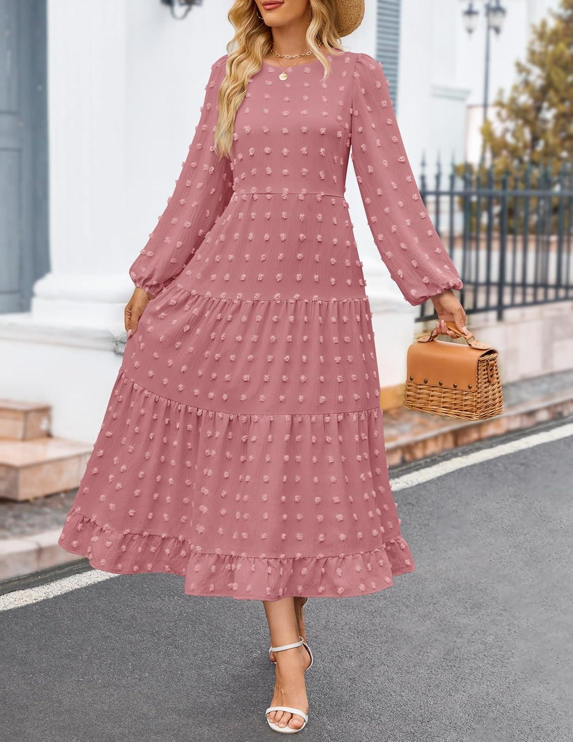 imageZESICA Womens Fall Long Sleeve Maxi Dresses 2026 Crew Neck Swiss Dot Tiered Flowy A Line Wedding Cocktail Party DressDusty Pink