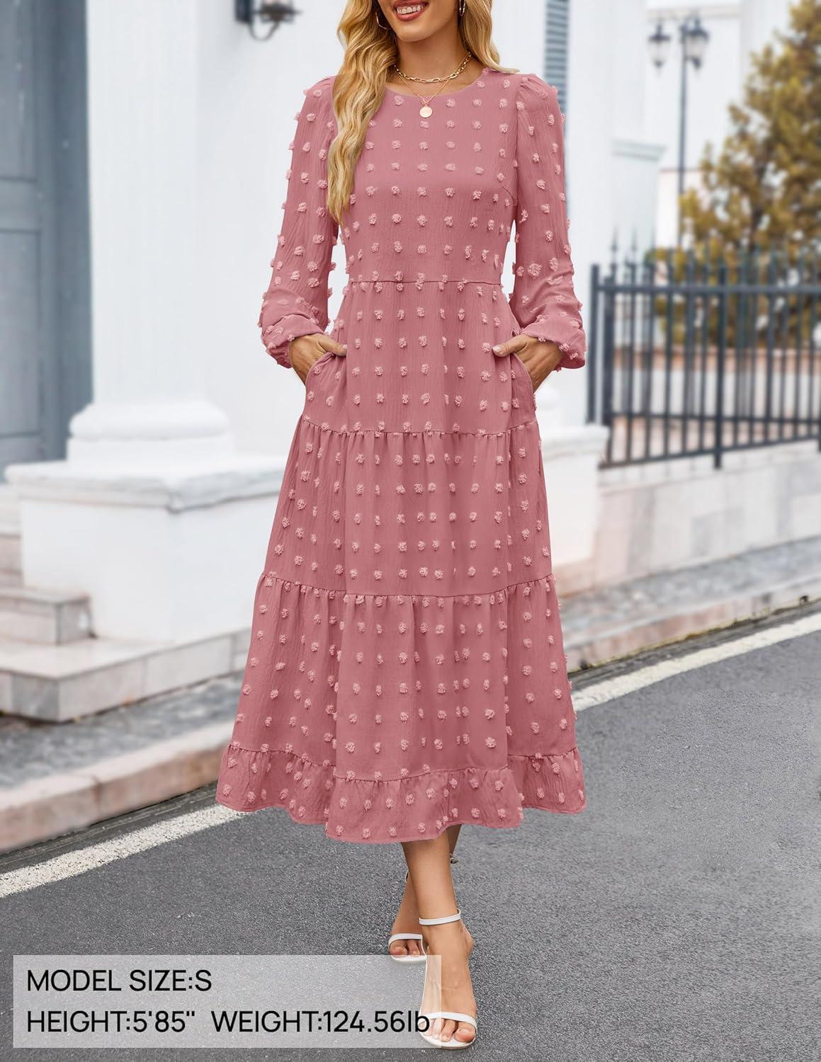 imageZESICA Womens Fall Long Sleeve Maxi Dresses 2026 Crew Neck Swiss Dot Tiered Flowy A Line Wedding Cocktail Party DressDusty Pink