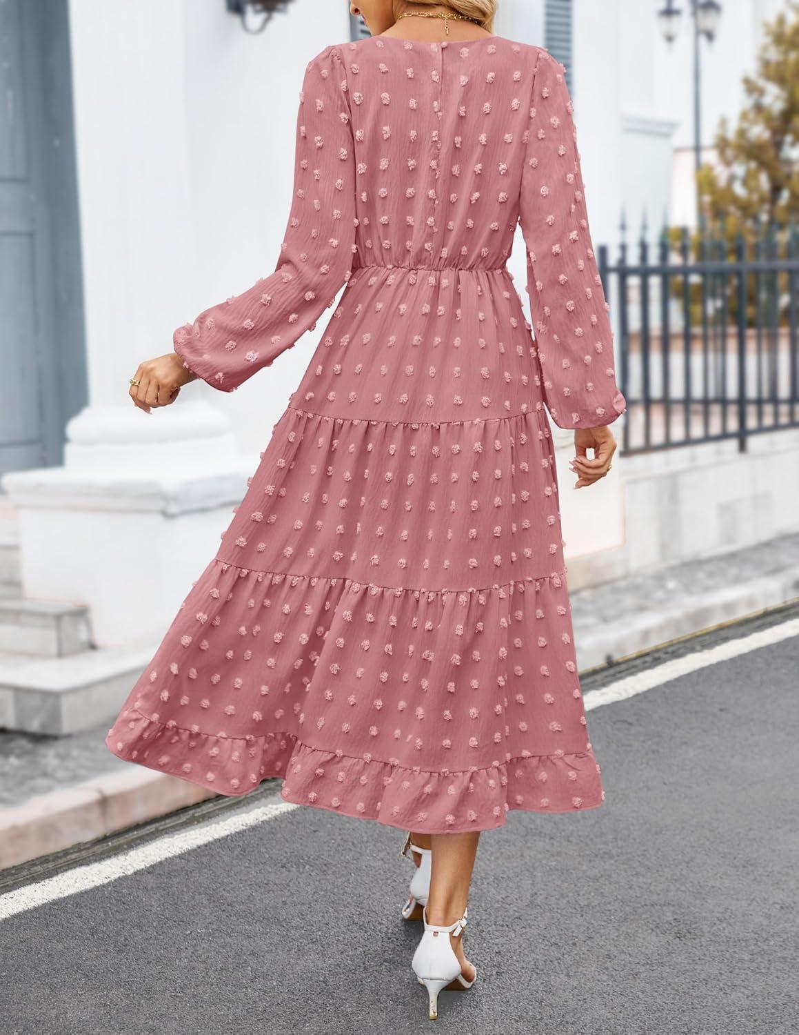 imageZESICA Womens Fall Long Sleeve Maxi Dresses 2026 Crew Neck Swiss Dot Tiered Flowy A Line Wedding Cocktail Party DressDusty Pink