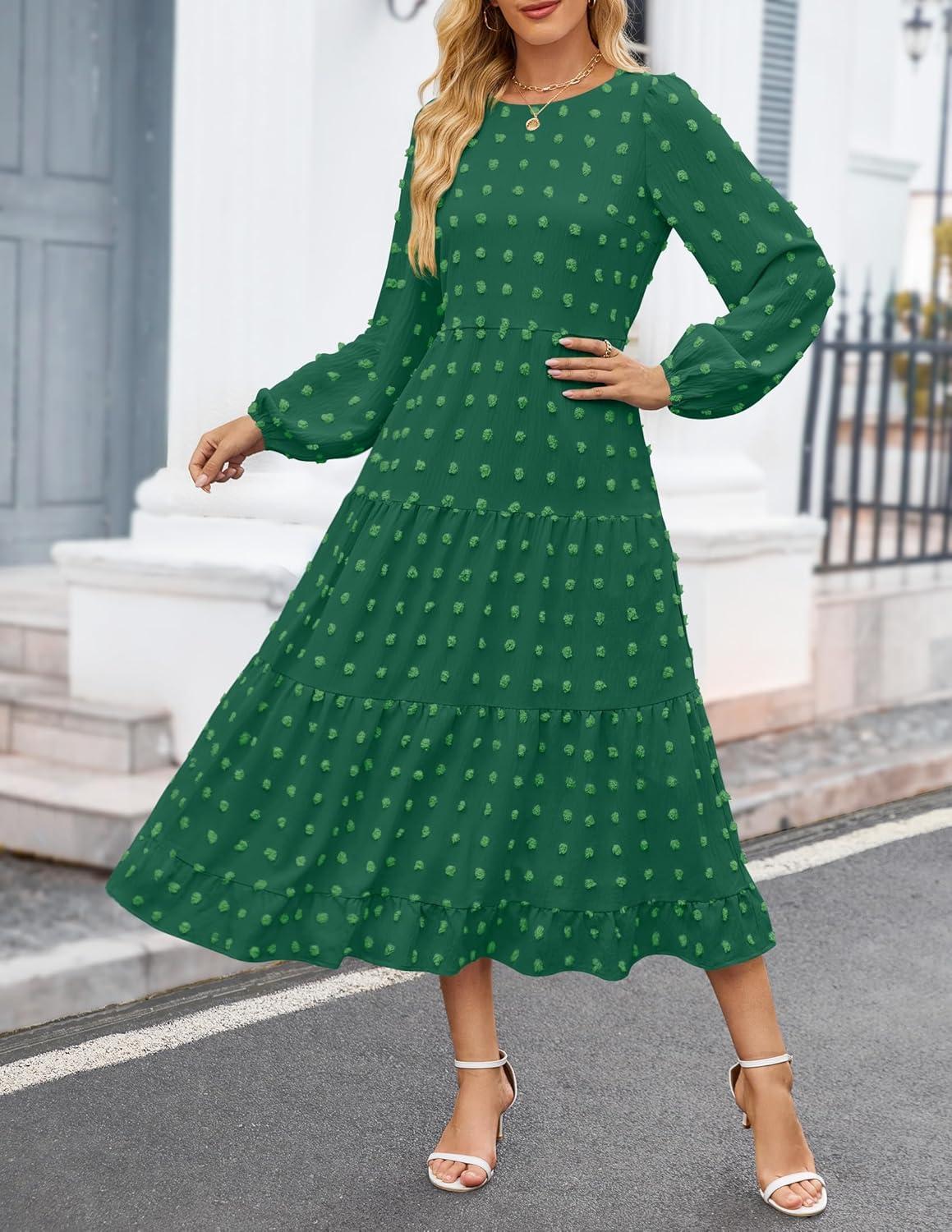imageZESICA Womens Fall Long Sleeve Maxi Dresses 2026 Crew Neck Swiss Dot Tiered Flowy A Line Wedding Cocktail Party DressGreen