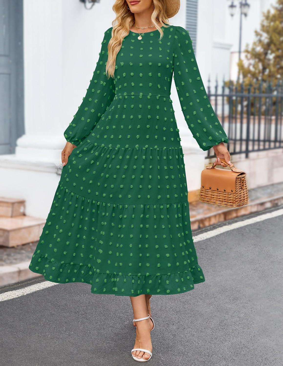 imageZESICA Womens Fall Long Sleeve Maxi Dresses 2026 Crew Neck Swiss Dot Tiered Flowy A Line Wedding Cocktail Party DressGreen