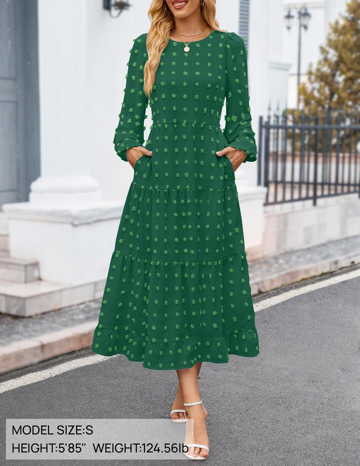 imageZESICA Womens Fall Long Sleeve Maxi Dresses 2026 Crew Neck Swiss Dot Tiered Flowy A Line Wedding Cocktail Party DressGreen