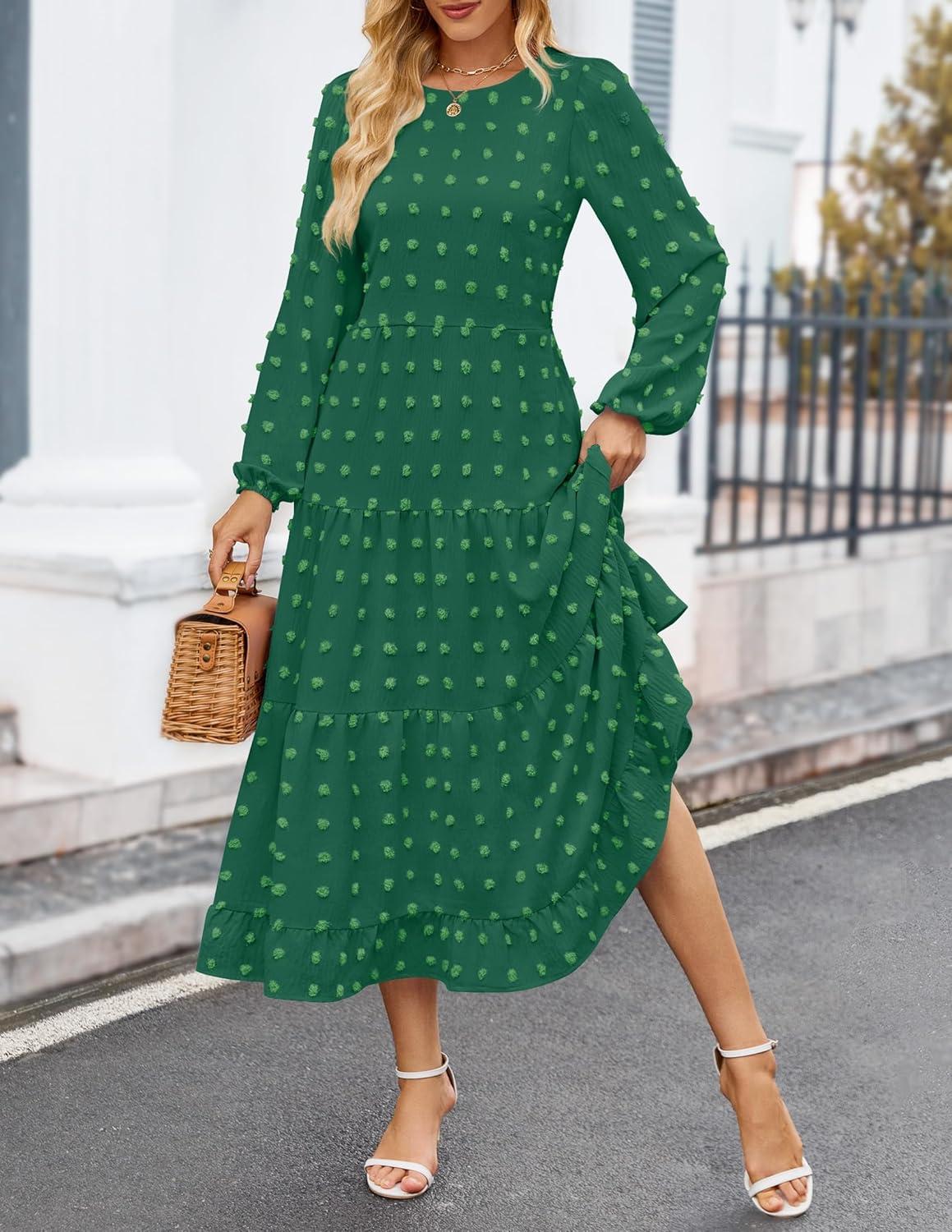 imageZESICA Womens Fall Long Sleeve Maxi Dresses 2026 Crew Neck Swiss Dot Tiered Flowy A Line Wedding Cocktail Party DressGreen