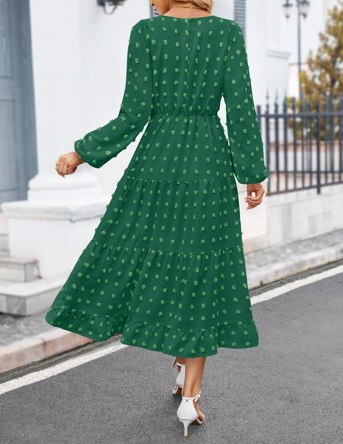 imageZESICA Womens Fall Long Sleeve Maxi Dresses 2026 Crew Neck Swiss Dot Tiered Flowy A Line Wedding Cocktail Party DressGreen