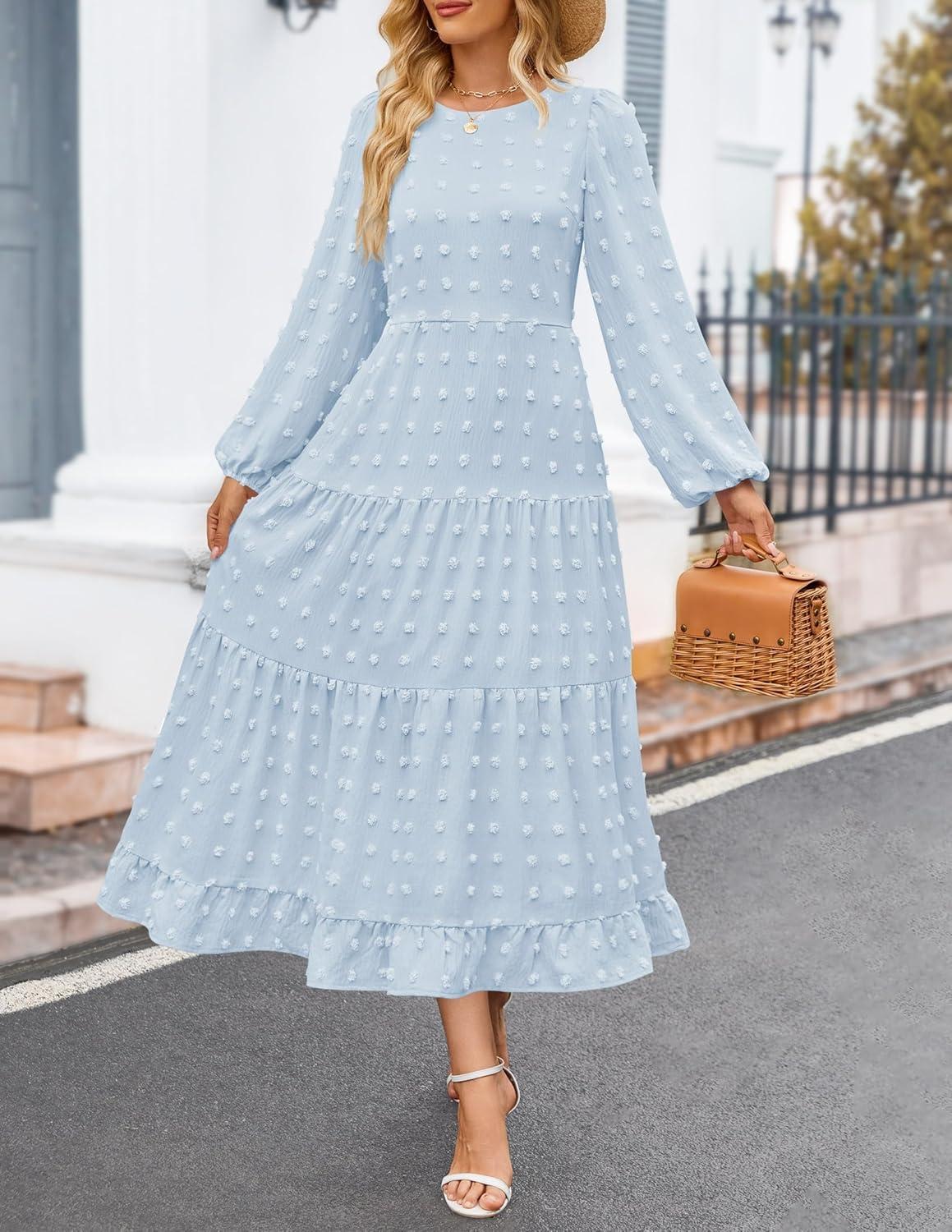 imageZESICA Womens Fall Long Sleeve Maxi Dresses 2026 Crew Neck Swiss Dot Tiered Flowy A Line Wedding Cocktail Party DressLight Blue